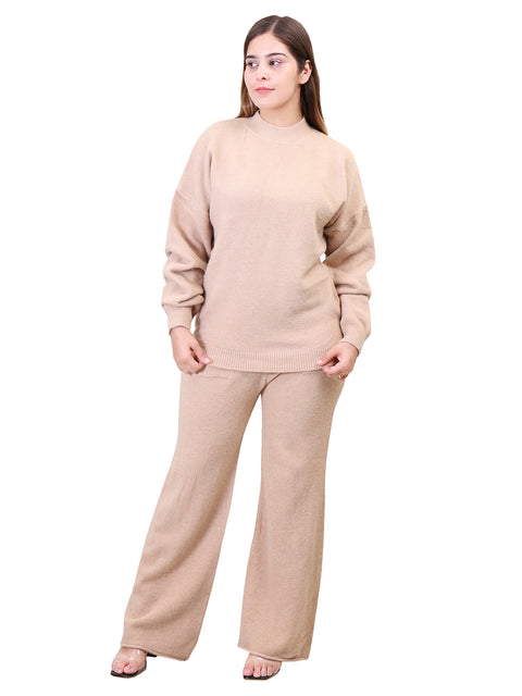 Women's Long Sleeve Round Neck woolen Beige Co-Ord Set
