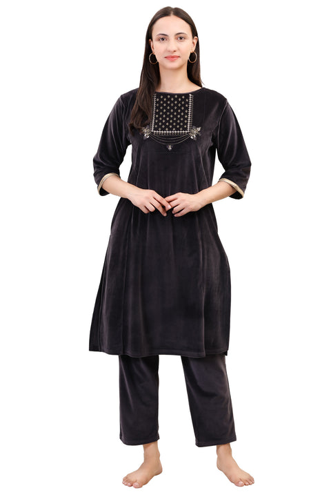 Women's Velvet Winter Embroidered Corduroy Kurti Set, Long Sleeves (Black)
