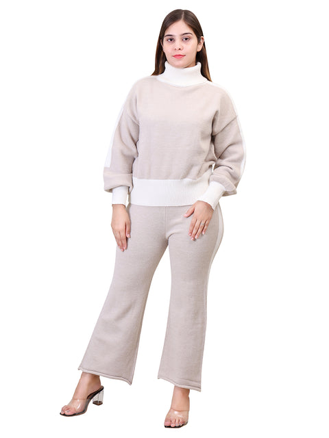 Women's Long Sleeve High Neck woolen Beige Co-Ord Set