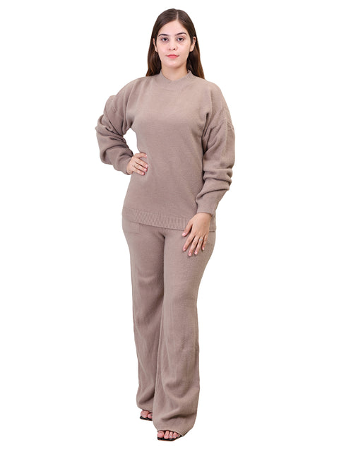 Women's Long Sleeve Round Neck woolen Khaki Co-Ord Set