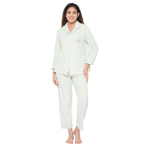 Women's Cotton Pajama Set, Long Sleeve Button-Down Shirt with Pants, Comfortable Sleepwear, Green