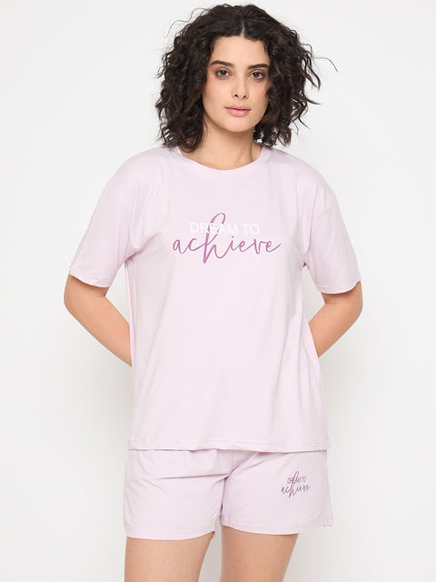 Women's Cotton Loungewear Set, Short Sleeve T-Shirt and Shorts, Light Purple