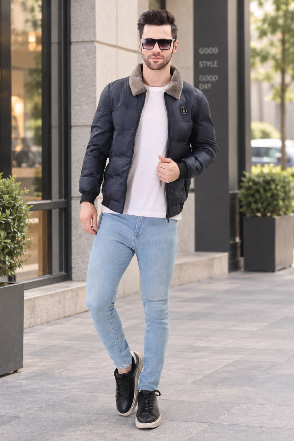 Navy Spread Collar Puffer Jacket for Mens