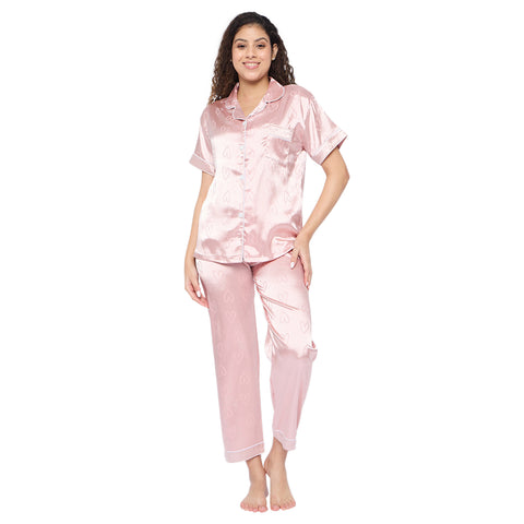 Women's Satin Pyjama Set, Short Sleeve Button-Down Shirt with Full Length Pyjama