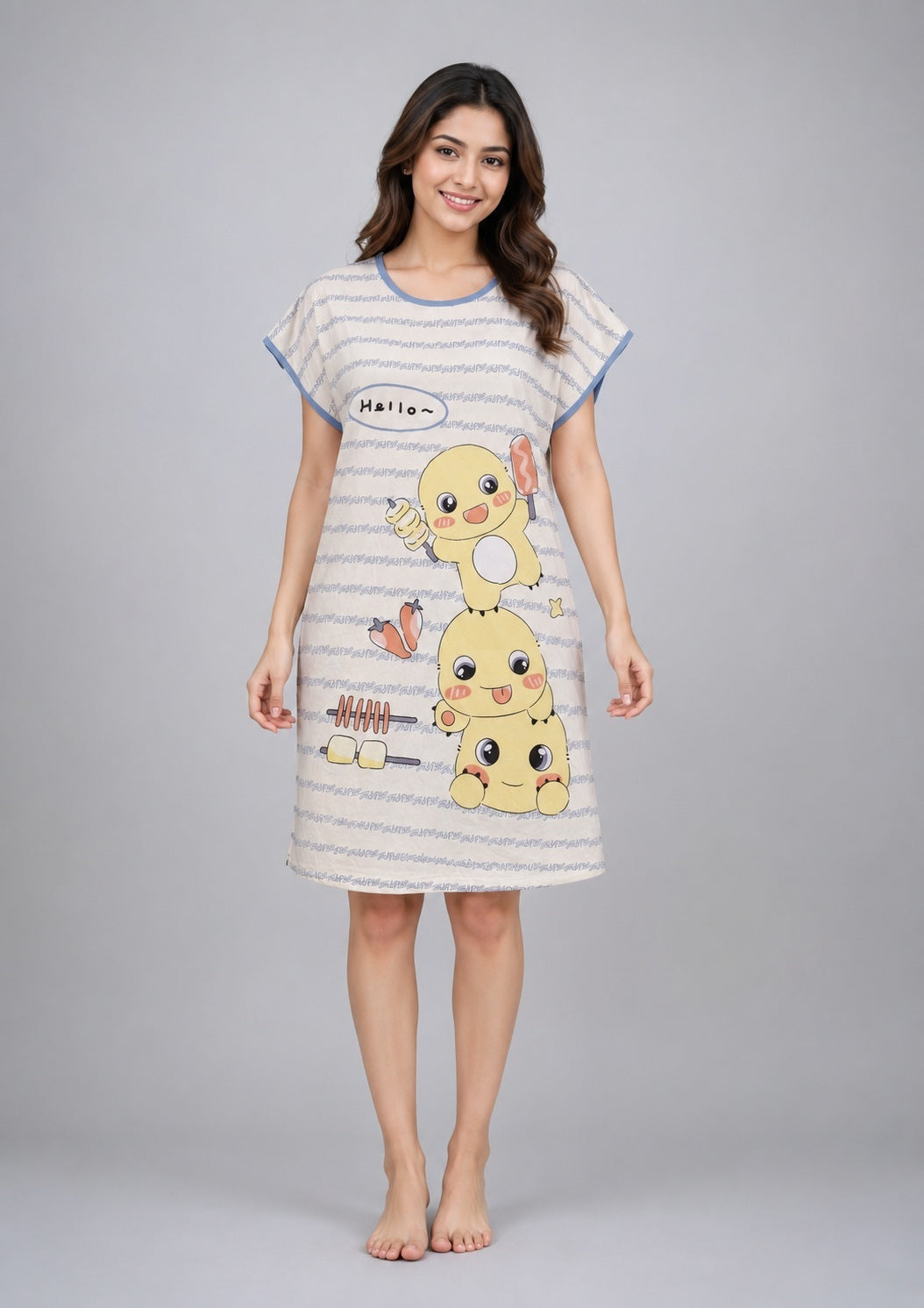 Women's Cute Cartoon Printed Knee Length Nighty | Soft Comfortable Loose Fit Short Sleeve Nighty for Women