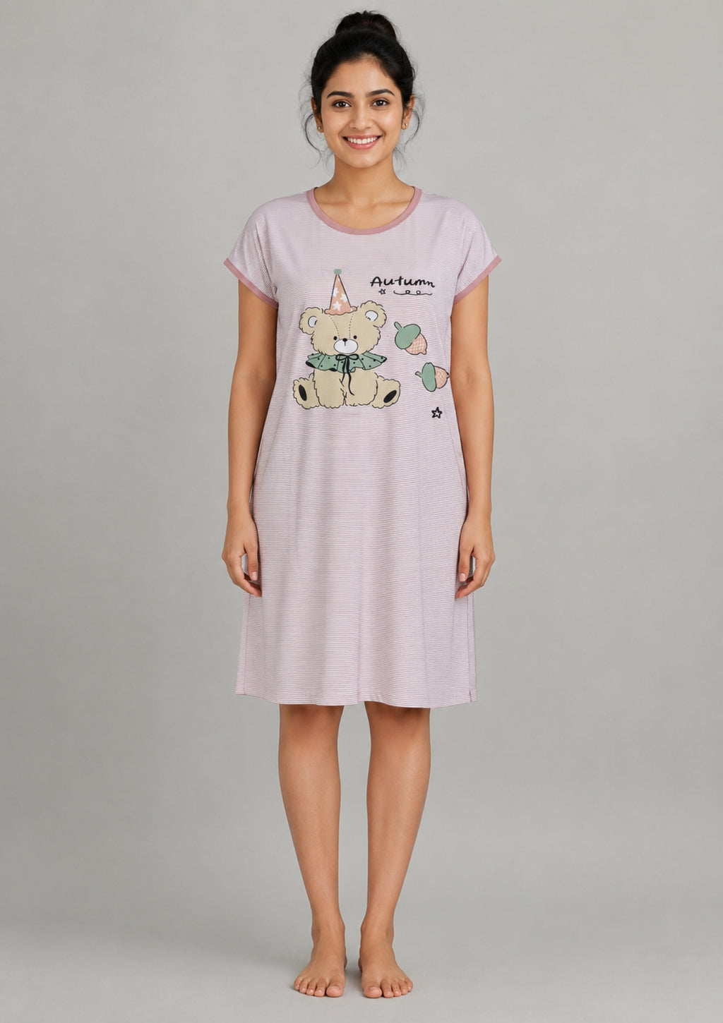 Women's Cute Cartoon Printed Knee Length Nighty | Soft Comfortable Loose Fit Short Sleeve Nighty for Women