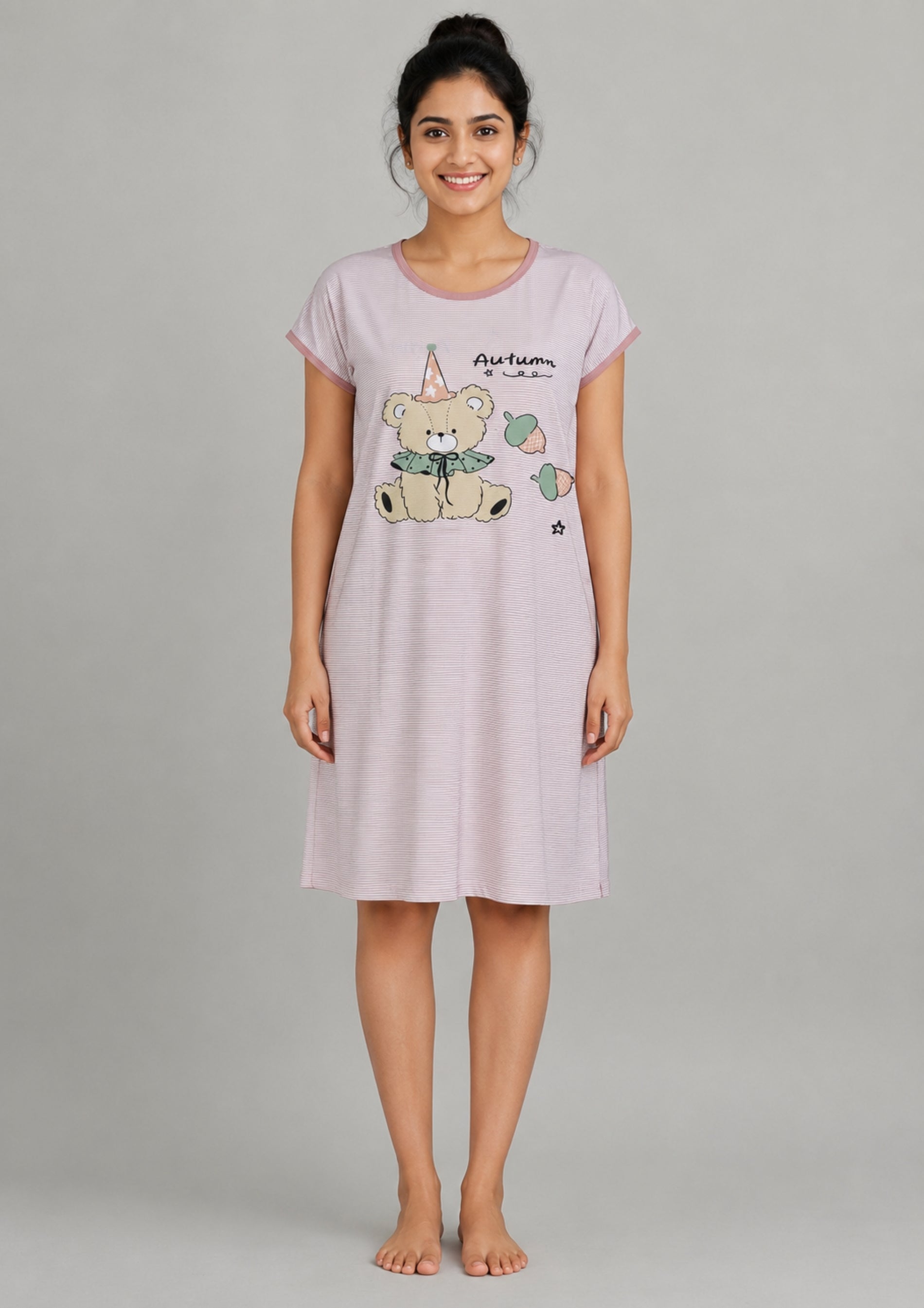 Women's Cute Cartoon Printed Knee Length Nighty | Soft Comfortable Loose Fit Short Sleeve Nighty for Women