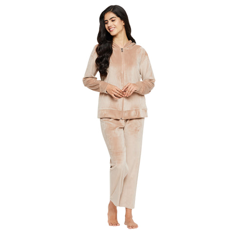 Women's Winter Full Sleeve Top and Pajama Pants Regular Fit Night Suit Hooded Top and Pyjama Set Ladies Night Dress