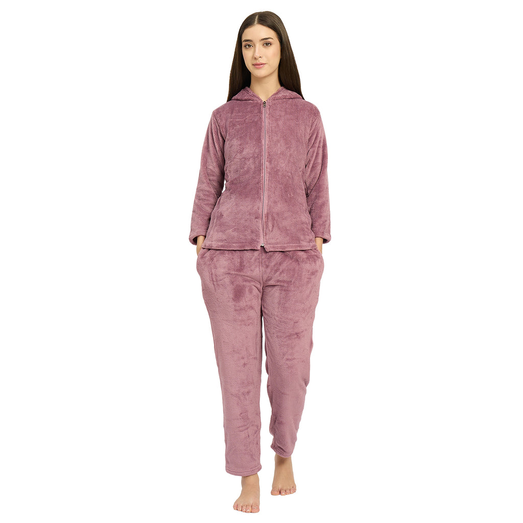 Women's Winter Full Sleeve Jacquard Zipper Hoody Nightsuit