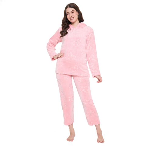 Women's Winter Glow in Dark Printed Full Sleeve Hooded Top, Pajama Pants with Pockets