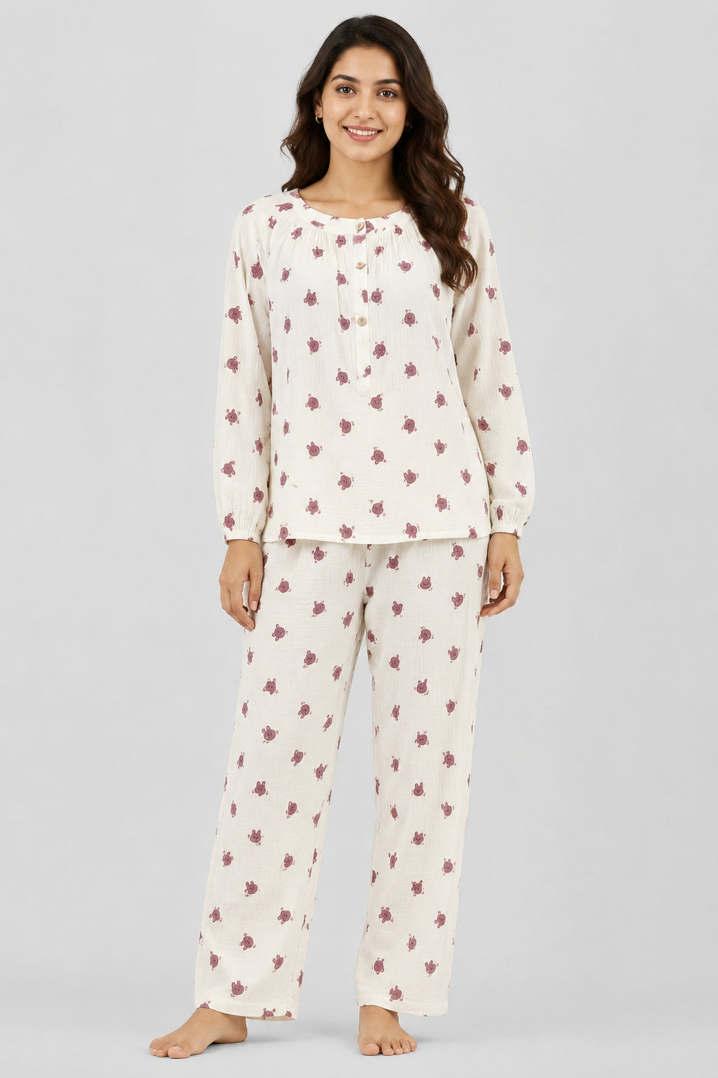 Women Night Suit Cotton Muslin Pyjama Set | Soft Printed Full Sleeve Sleepwear
