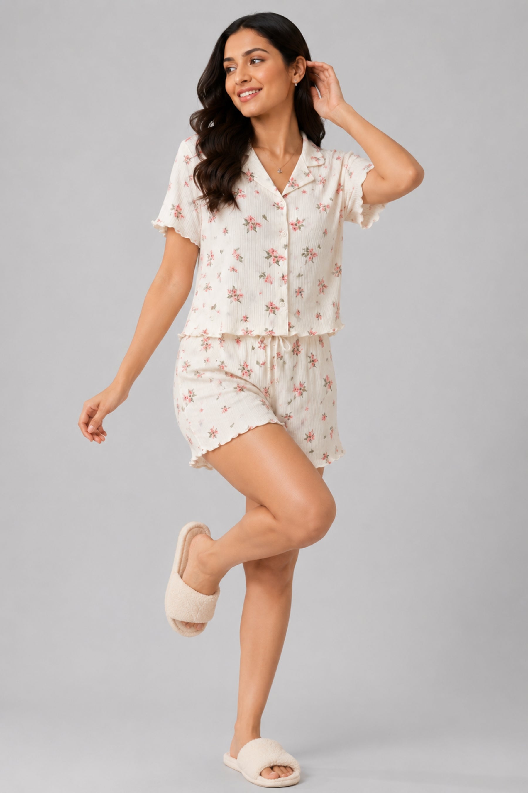 Women Night Suit, Loose Fit Short Set, Shirt & Short Loungewear, Printed Co-Ord, Stretch Fabric