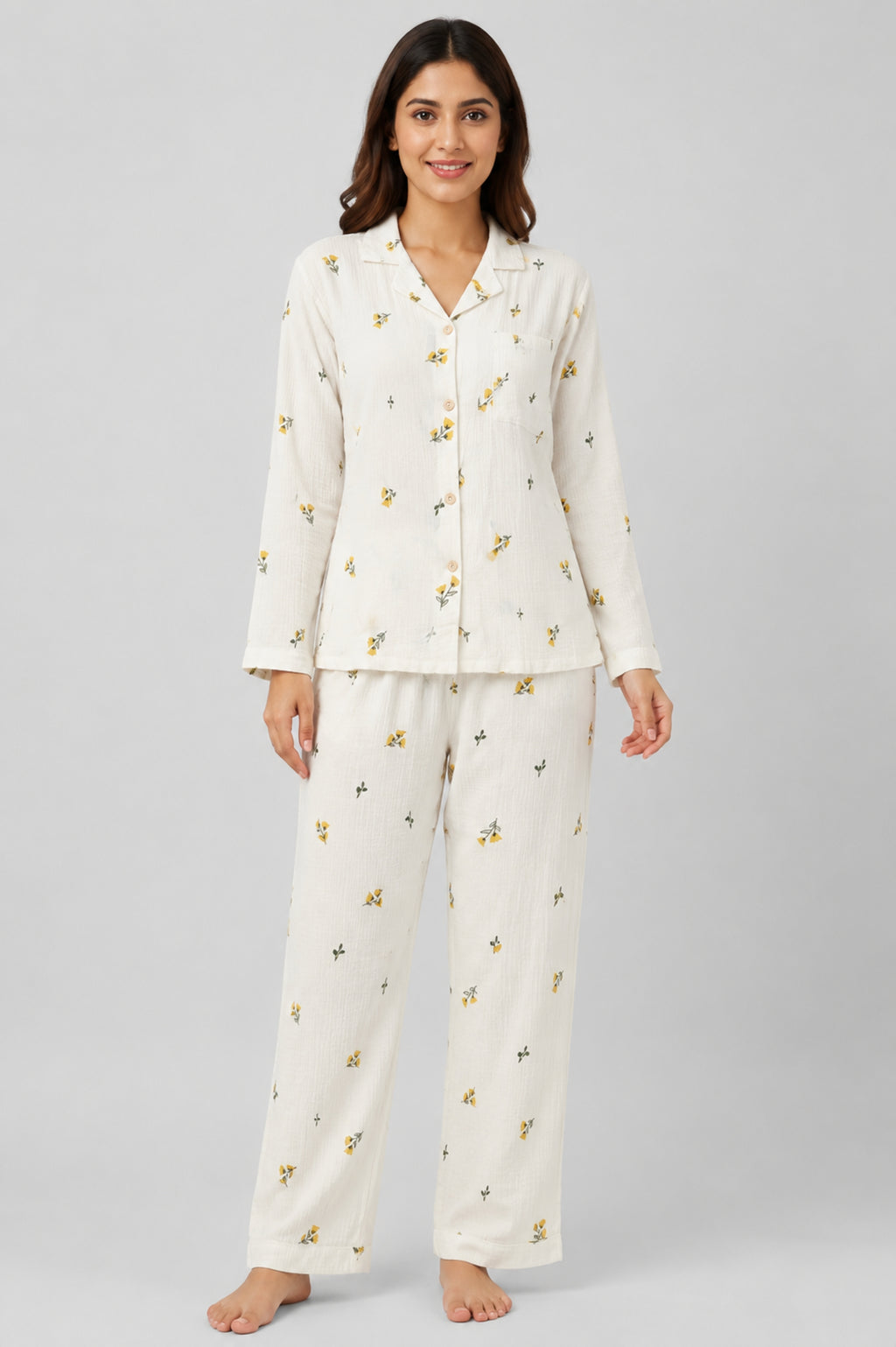 Women Night Suit Cotton Muslin Pyjama Set | Soft Printed Full Sleeve Sleepwear