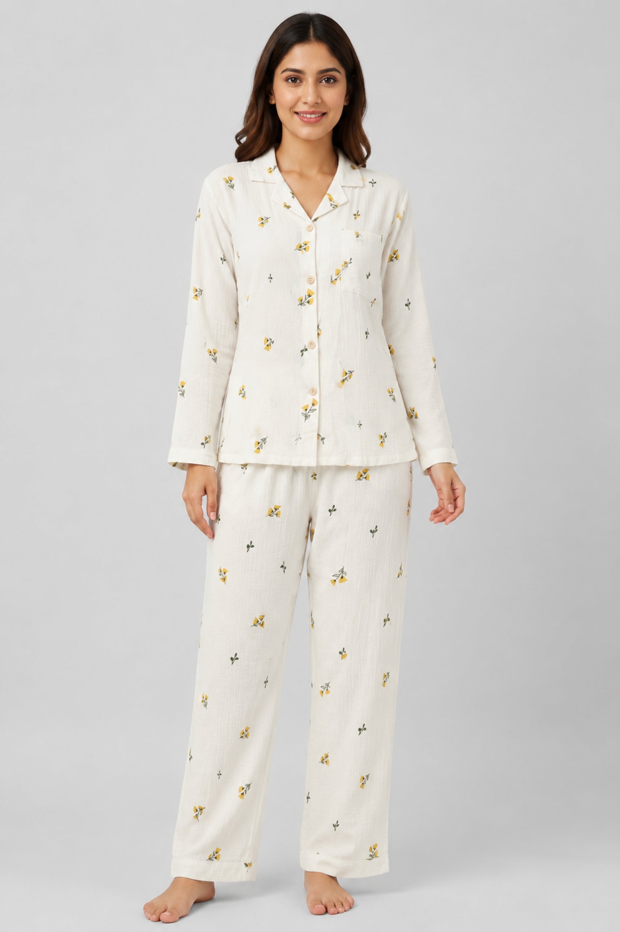 Women Night Suit Cotton Muslin Pyjama Set | Soft Printed Full Sleeve Sleepwear
