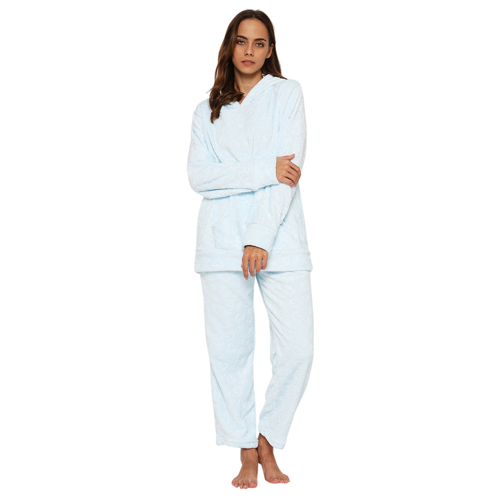 Women's Embossed Full Sleeve Hooded Top and Pajama Pants with Pockets