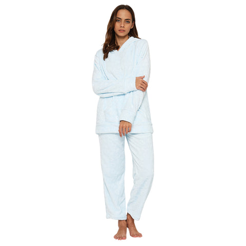 Women's Embossed Full Sleeve Hooded Top and Pajama Pants with Pockets