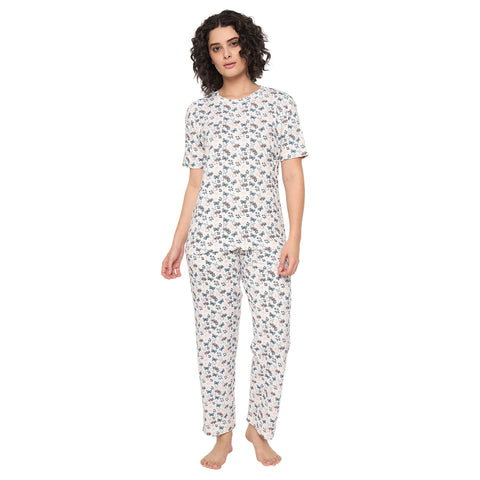 Camey Nightwear for Women – Comforting Cotton Suit Sets | Women's Printed Pyjama Set, White