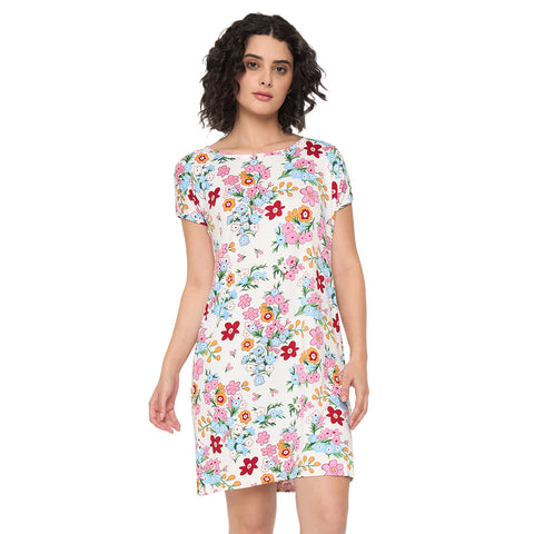 Camey Ladies Night Dress – Ideal for a Sound Sleep | Women's Printed Nightgown, Short Sleeve Sleep Dress, Short Length, Short Nighty, White Red