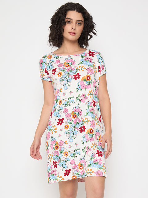 Women's Printed Nightgown, Short Sleeve Sleep Dress, Short Length, Short Nighty, White Red