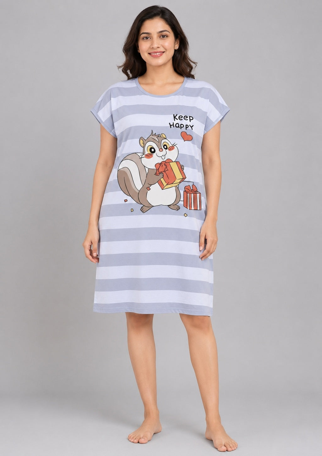 Women's Cute Cartoon Printed Knee Length Nighty | Soft Comfortable Loose Fit Short Sleeve Nighty for Women