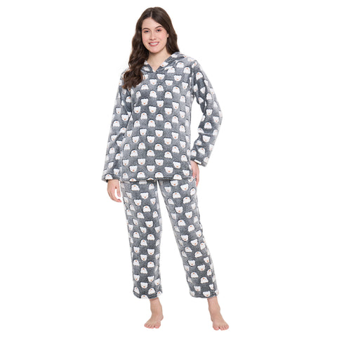 Women's Winter Glow in Dark Printed Full Sleeve Hooded Top, Pajama Pants with Pockets