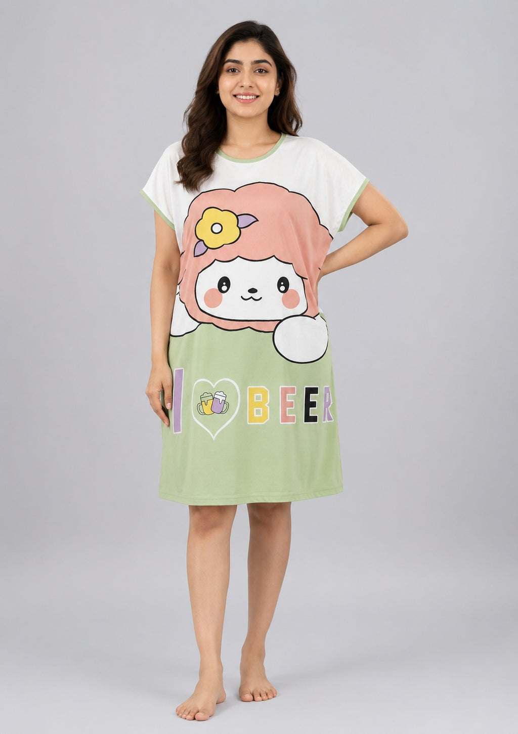 Women's Cute Cartoon Printed Knee Length Nighty | Soft Comfortable Loose Fit Short Sleeve Nighty for Women