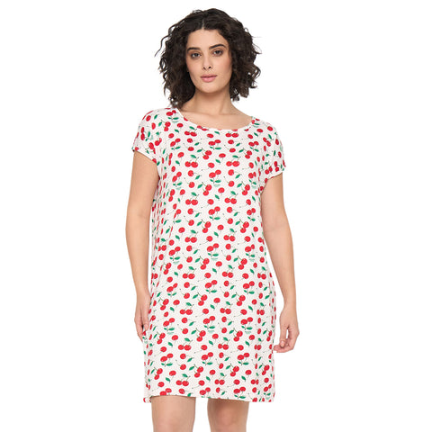 Camey Nighty for Women – Long, Soft & Trendy Sleepwear | Women's Printed Nightgown, Short Sleeve Sleep Dress, Short Length, Short Nighty, Cream Red