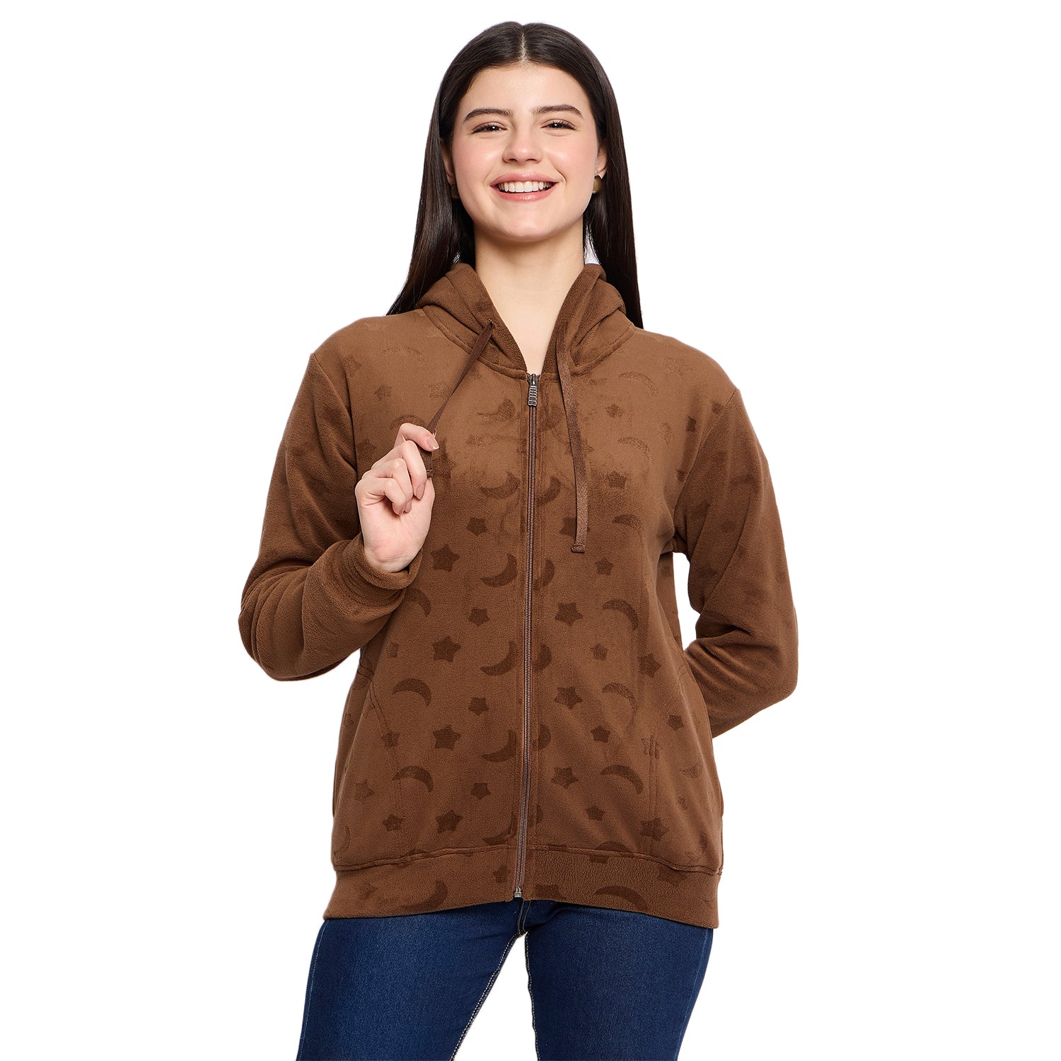 Women’s Embossed Fabric Auli Laser Cut Pattern Hoodie Sweatshirt – Full Sleeve, Zipper Front