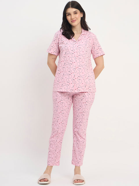 Women's Printed Nightsuit Pajama Set, Short Sleeve Button-Down Top with Pants, Cotton Nightwear, D.Pink