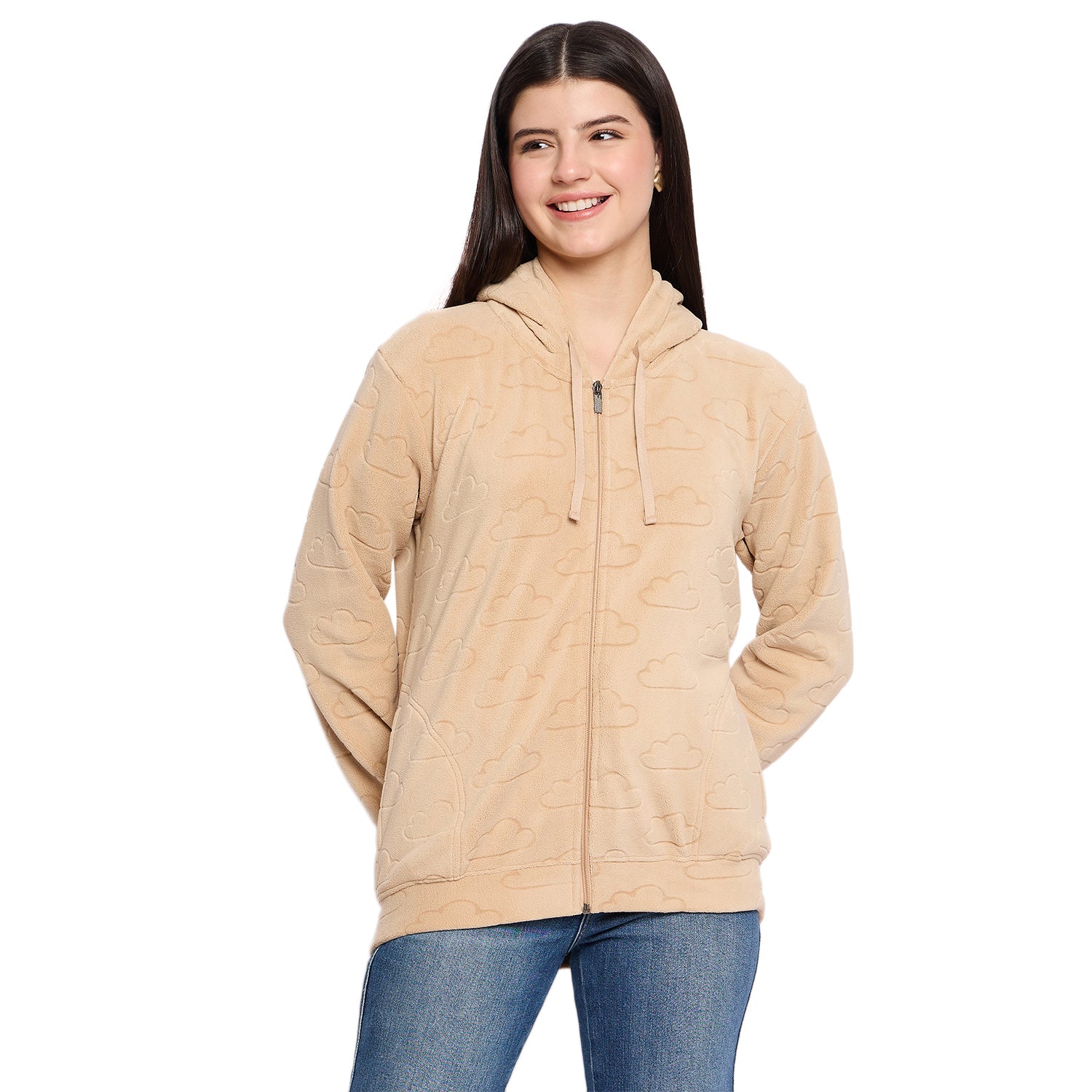 Women’s Embossed Fabric Auli Laser Cut Pattern Hoodie Sweatshirt – Full Sleeve, Zipper Front