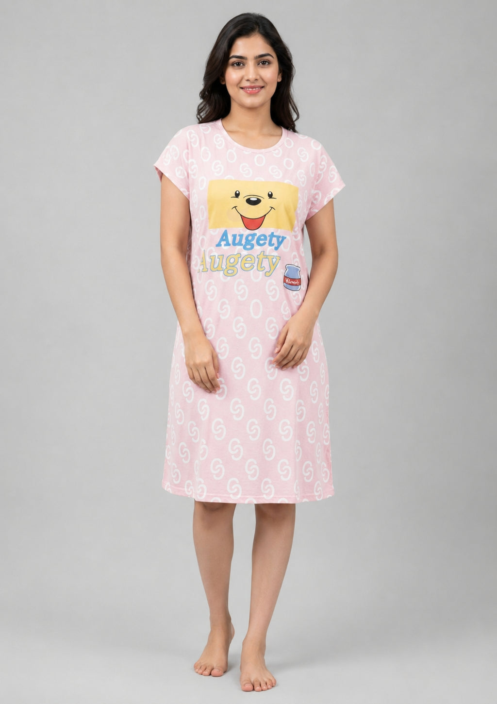 Women's Cute Cartoon Printed Knee Length Nighty | Soft Comfortable Loose Fit Short Sleeve Nighty for Women