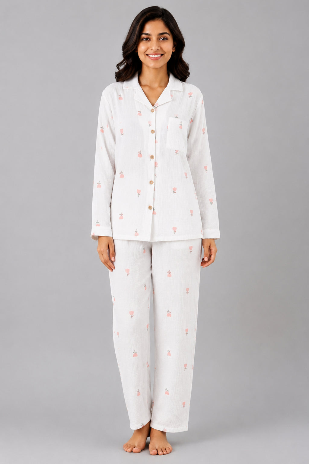 Women Night Suit Cotton Muslin Pyjama Set | Soft Printed Full Sleeve Sleepwear