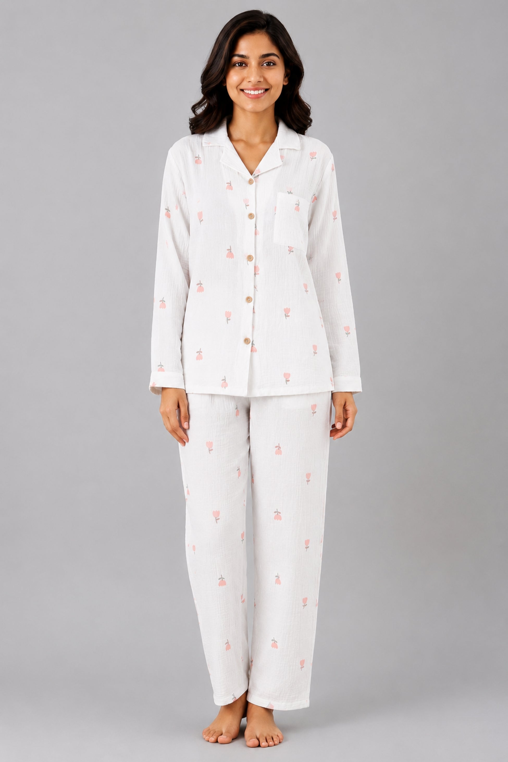 Women Night Suit Cotton Muslin Pyjama Set | Soft Printed Full Sleeve Sleepwear