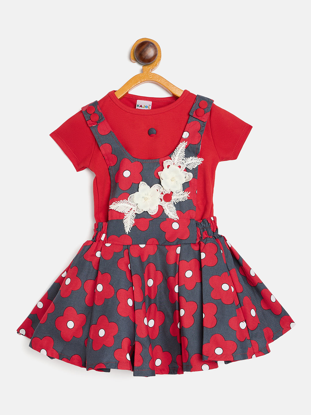 Girls' Floral Print Dress Set with Red T-Shirt and Grey Pinafore Skirt, Cotton