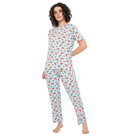 Budget-Friendly Camey Night Suit – Purchase Stylish Nightwear Online | Women's Printed Pyjama Set, Sky