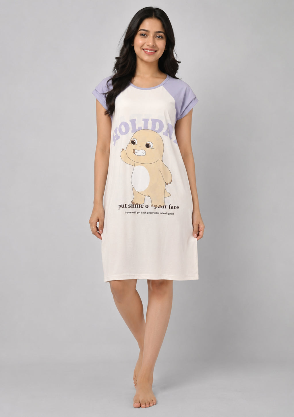 Women's Cute Cartoon Printed Knee Length Nighty | Soft Comfortable Loose Fit Short Sleeve Nighty for Women