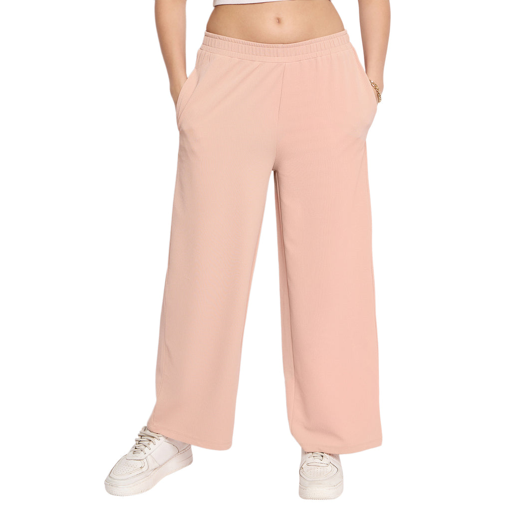 Women's Palazzo Pants with Pockets, Wide Leg, Ribbed Pattern, Elastic Waistband, Pink
