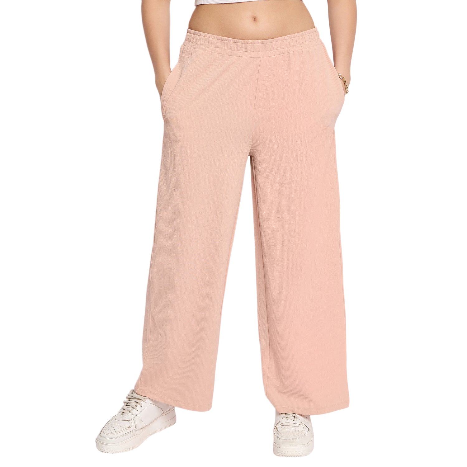 Women's Palazzo Pants with Pockets, Wide Leg, Ribbed Pattern, Elastic Waistband, Pink