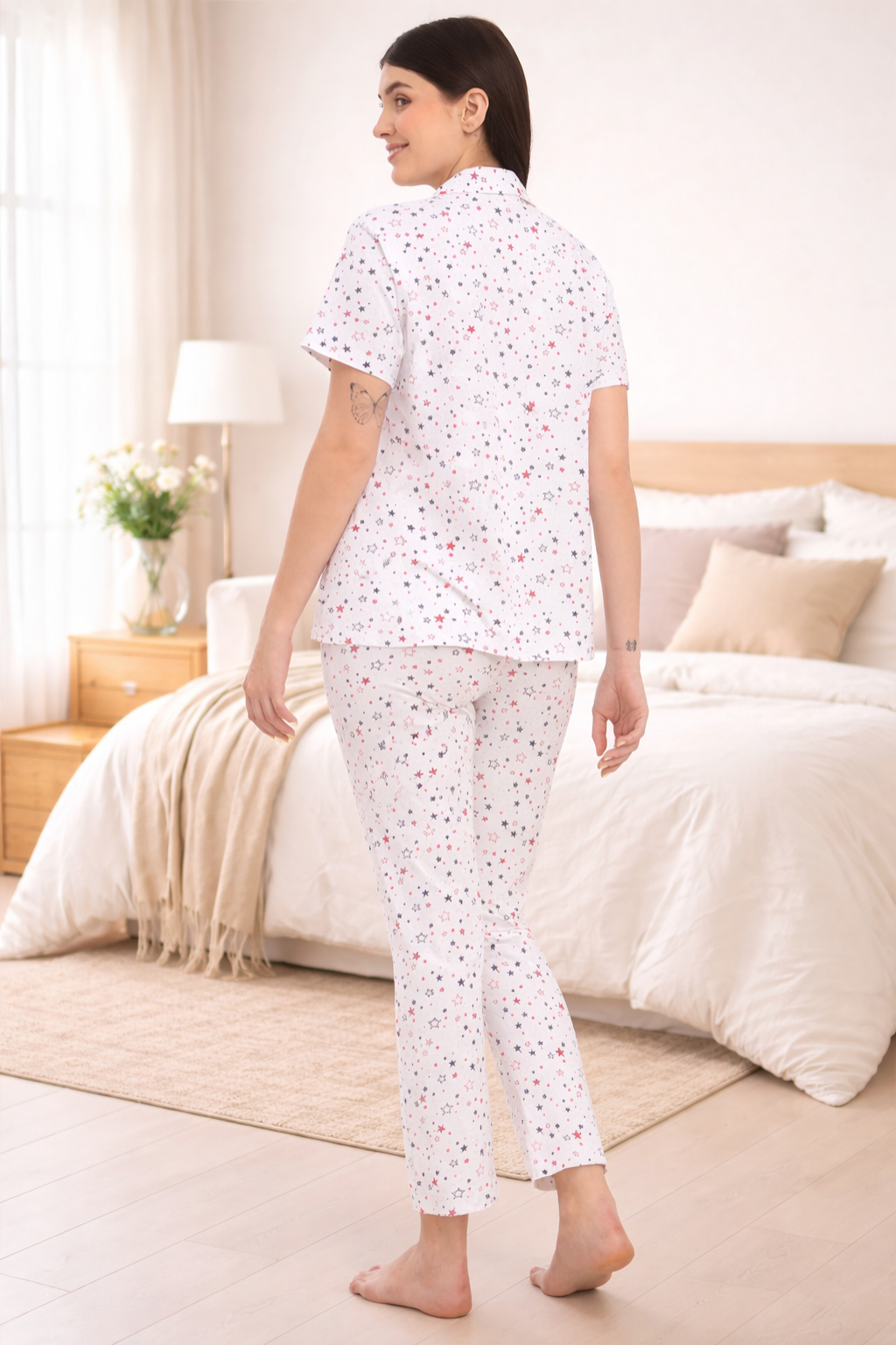 Women's Printed Nightsuit Pajama Set, Short Sleeve Button-Down Top with Pants, Cotton Nightwear, White