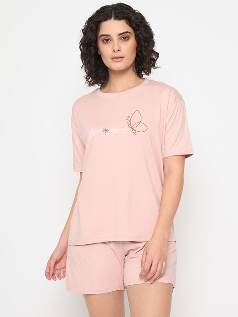 Women's Cotton Loungewear Set, Short Sleeve T-Shirt and Shorts, Pink