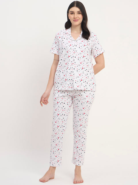 Women's Printed Nightsuit Pajama Set, Short Sleeve Button-Down Top with Pants, Cotton Nightwear, White