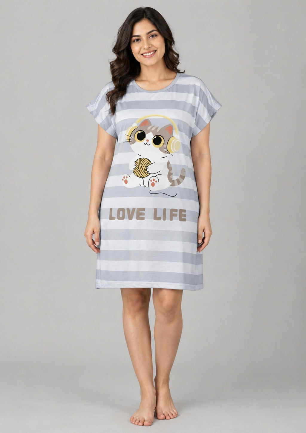 Women's Cute Cartoon Printed Knee Length Nighty | Soft Comfortable Loose Fit Short Sleeve Nighty for Women
