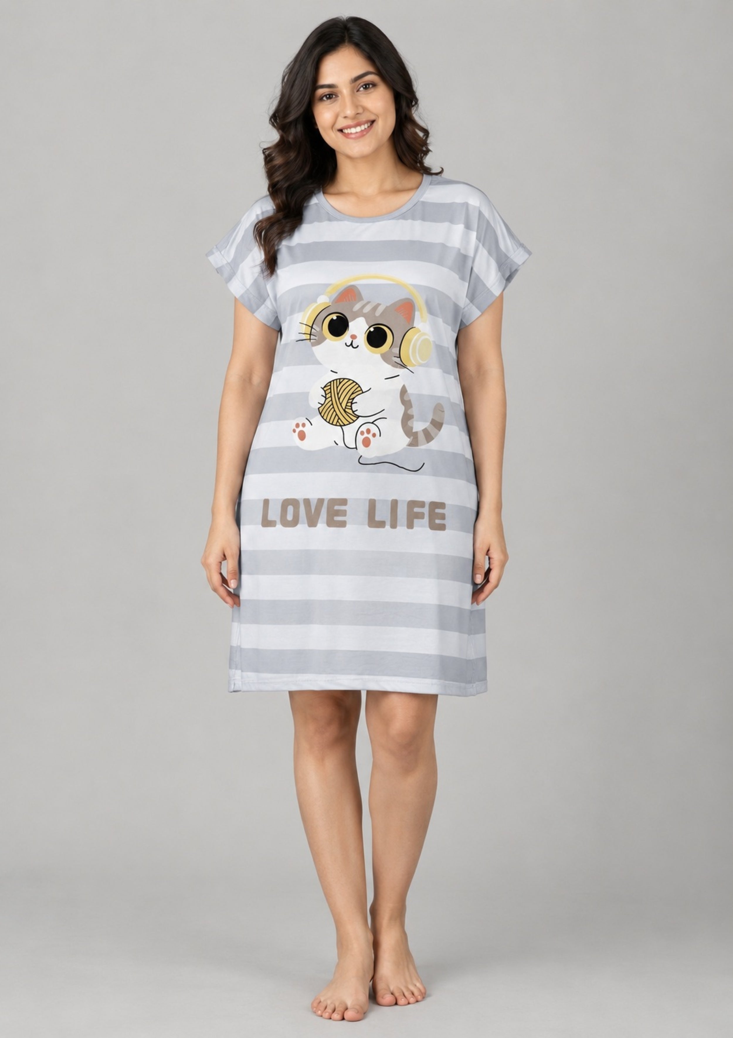 Women's Cute Cartoon Printed Knee Length Nighty | Soft Comfortable Loose Fit Short Sleeve Nighty for Women