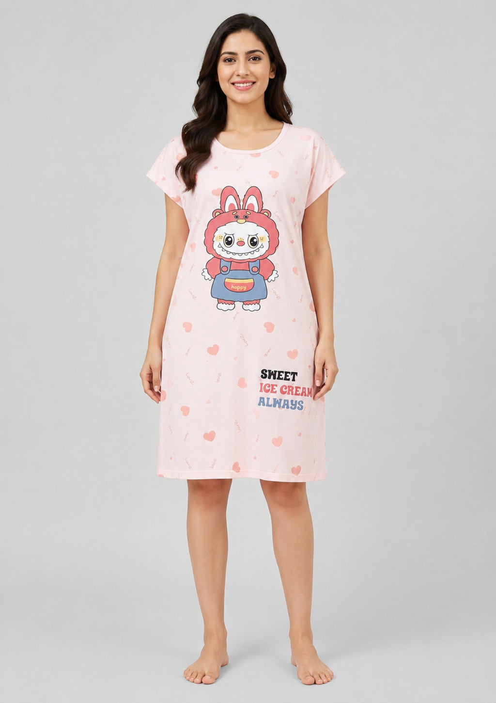Women's Cute Cartoon Printed Knee Length Nighty | Soft Comfortable Loose Fit Short Sleeve Nighty for Women