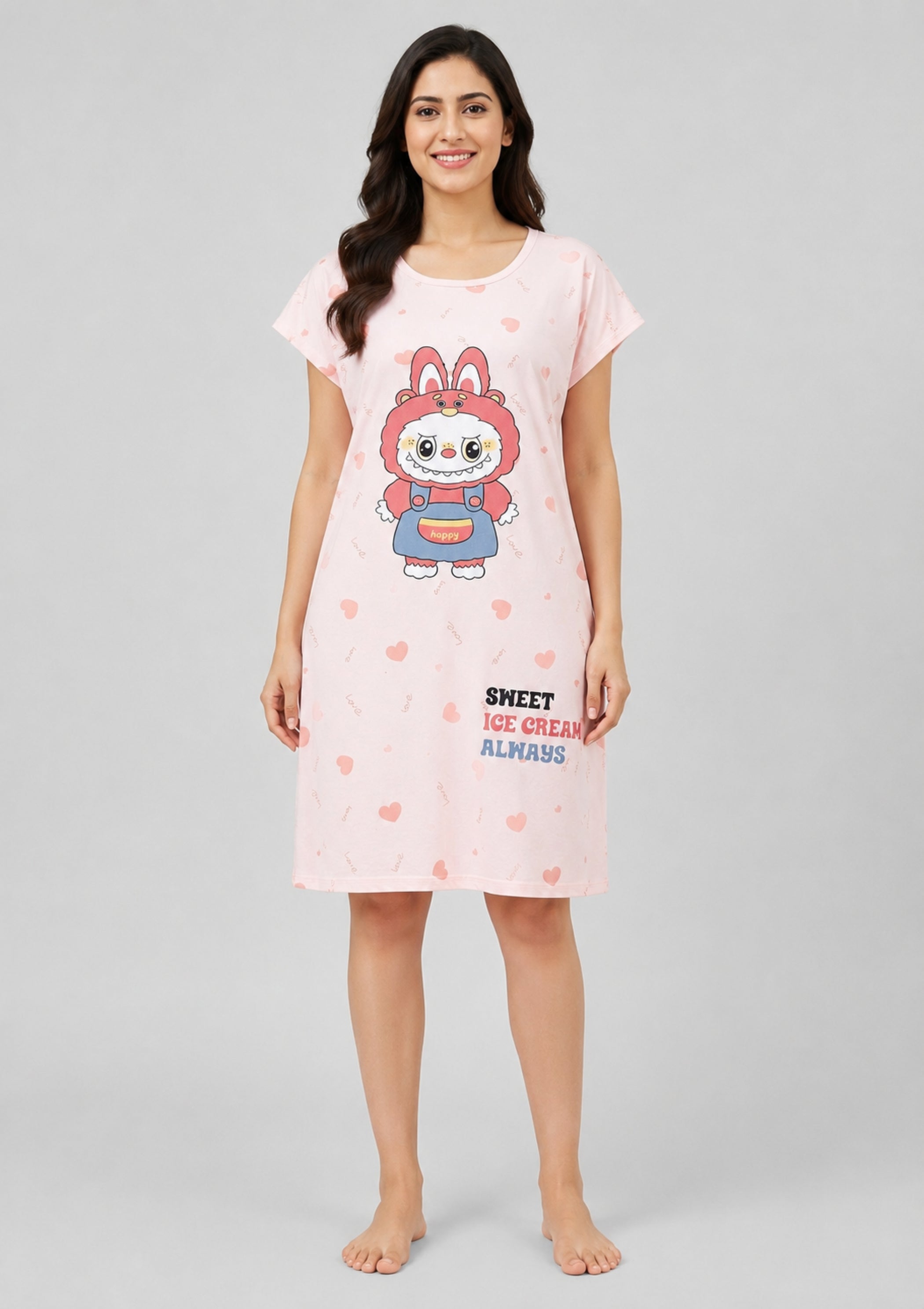 Women's Cute Cartoon Printed Knee Length Nighty | Soft Comfortable Loose Fit Short Sleeve Nighty for Women