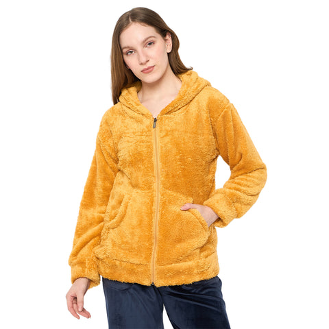 Women Solid Hooded Sherpa Fleece Sweatshirt