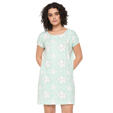 Purchase Camey Cotton Nighty Online – Comfortable Night Dress | Women's Printed Nightgown, Short Sleeve Sleep Dress, Short Length, Short Nighty, White Green