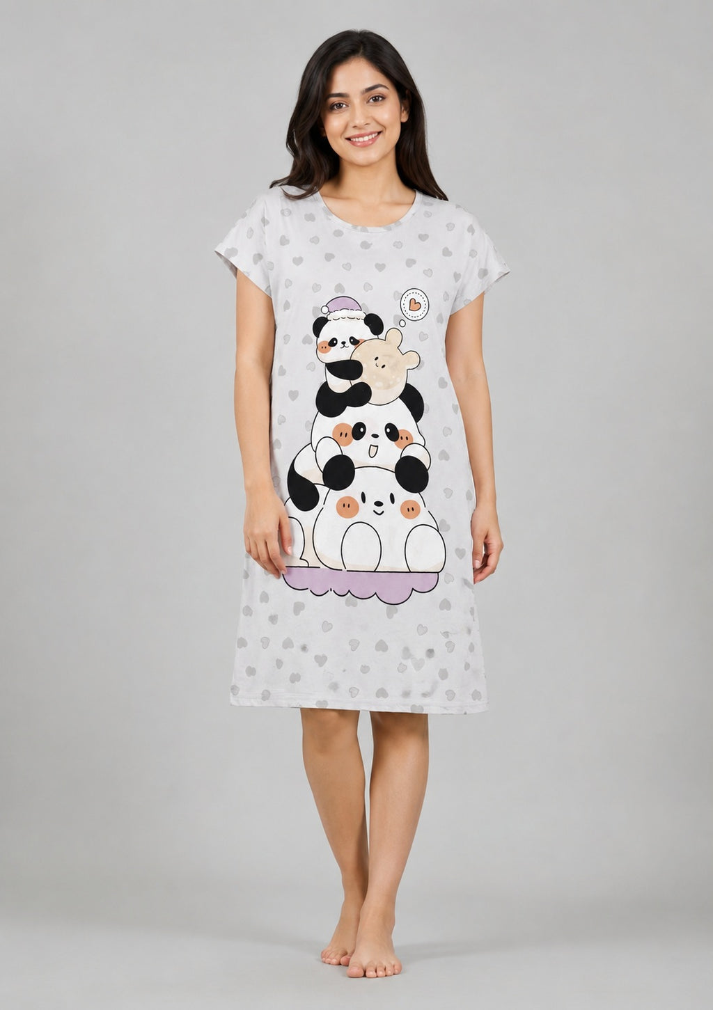 Women's Cute Cartoon Printed Knee Length Nighty | Soft Comfortable Loose Fit Short Sleeve Nighty for Women