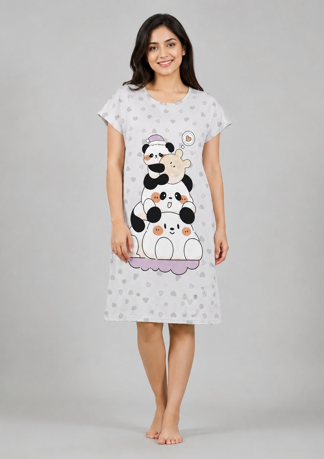 Women's Cute Cartoon Printed Knee Length Nighty | Soft Comfortable Loose Fit Short Sleeve Nighty for Women