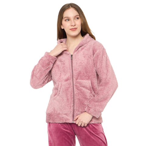 Women Solid Hooded Sherpa Fleece Sweatshirt